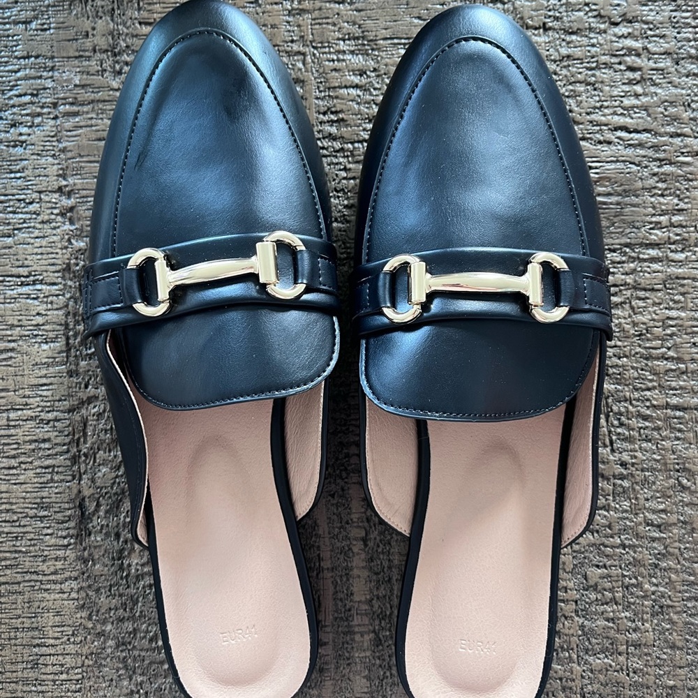 Never worn Black and gold mules